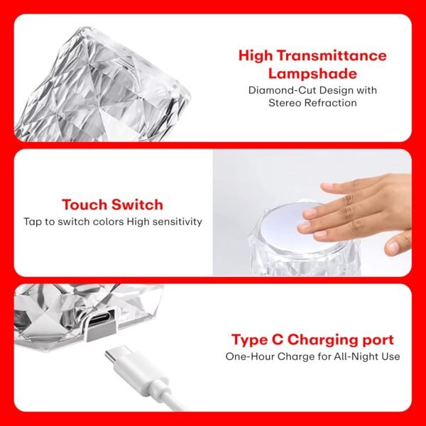 AMGHUB Crystal Lamp,16 Color Changing Rose Crystal Diamond Table Lamp,USB Rechargeable Touch Bedside Lamp Night Light with Remote Control, for Bedroom Living Room Party Dinner Decor