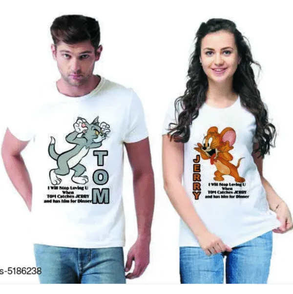 AMGHUB Stylish Printed Couple T-Shirts – Matching Cotton Blend Tees for Him & Her