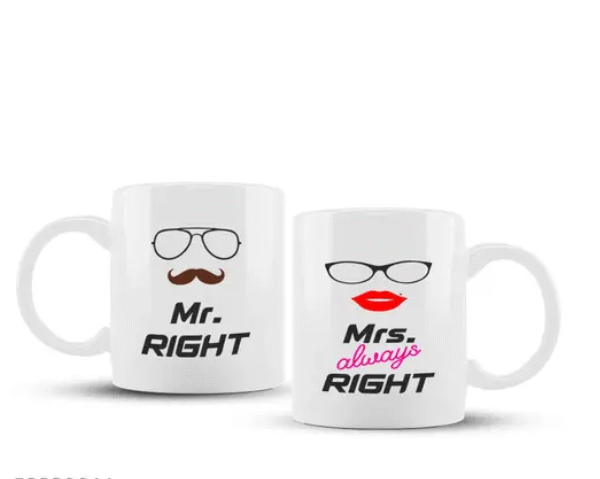 AMGHUB Mr. Right & Mrs. Always Right Printed Ceramic Mug Set | 330ml | Pack of 2