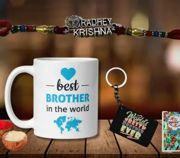 AMGHUB Raksha Bandhan Gift Set – Mug, Rakhi, Roli Chawal & Keychain for Brother