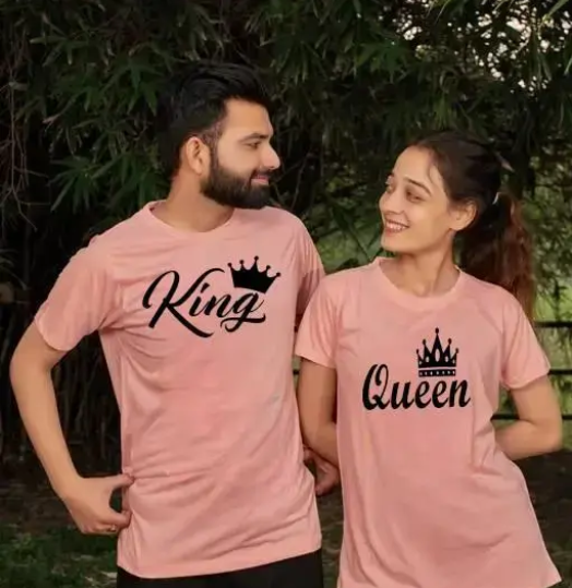 AMGHUB King & Queen Couple T-Shirts – Peach Color | Matching Outfit for Lovebirds (Pack of 2)
