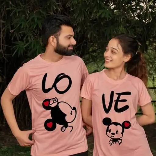 AMGHUB Couple T-Shirts – King & Queen Printed (Peach, Pack of 2)