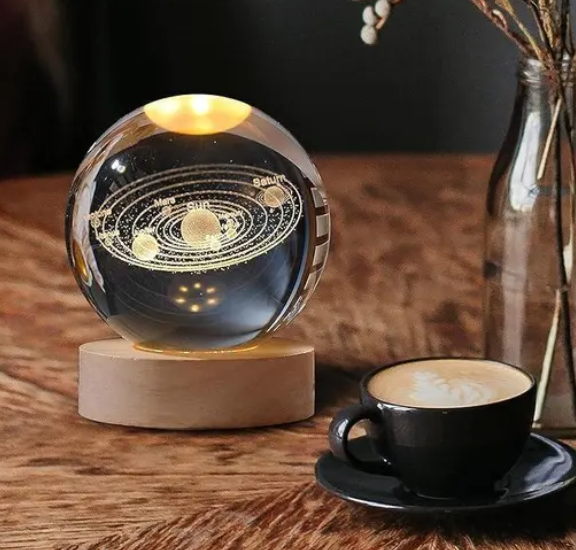 AMGHUB Classic Galaxy Night Light – 3D LED Crystal Glass Ball with Wooden Base | Plug-in Bedside Lamp (Warm White)