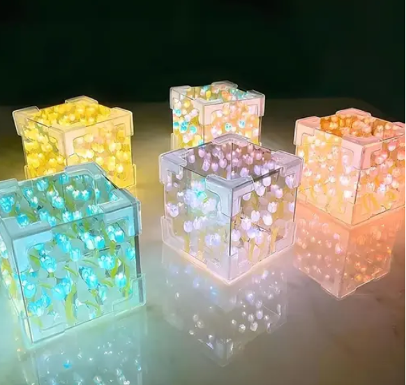 AMGHUB DIY Tulip Cube Mirror Lamp – 30 LED Flowers | 2-in-1 Decorative Light & Mirror | Multicolor Table Decor for Bedroom, Living Room, Gifting
