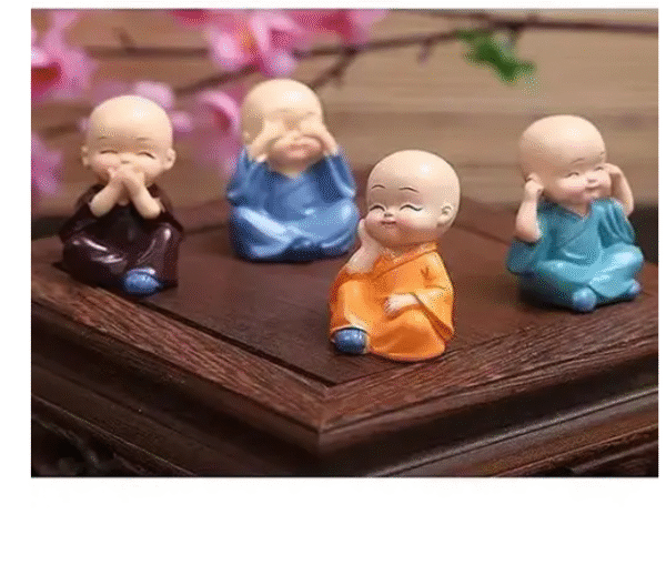 AMGHUB Monk Figurines – 4-Piece Decorative Resin Set for Home & Office Décor | Peaceful Buddha Monk Statues for Shelf, Desk & Gifting