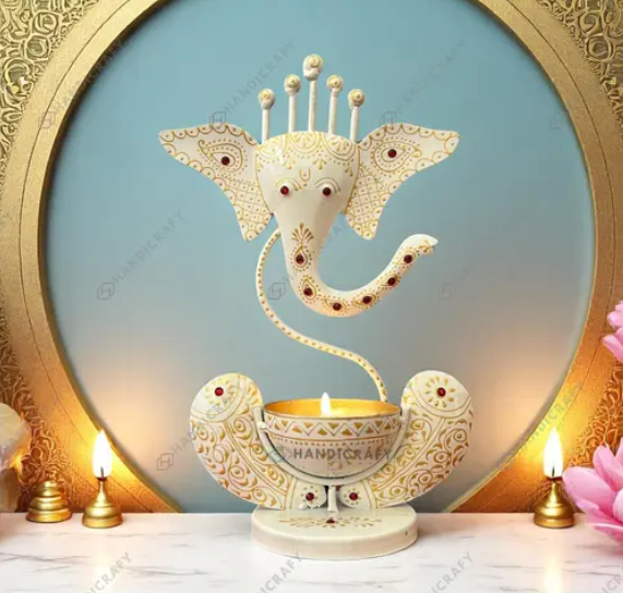 AMGHUB Handcrafted Ganesha T-Light Holder – Pearl Elegance Finish | Premium Metal Home Temple Decor | 11 Inch Height