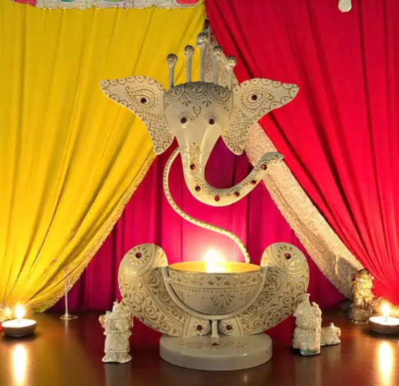 AMGHUB Handcrafted Ganesha T-Light Holder – Pearl Elegance Finish | Premium Metal Home Temple Decor | 11 Inch Height