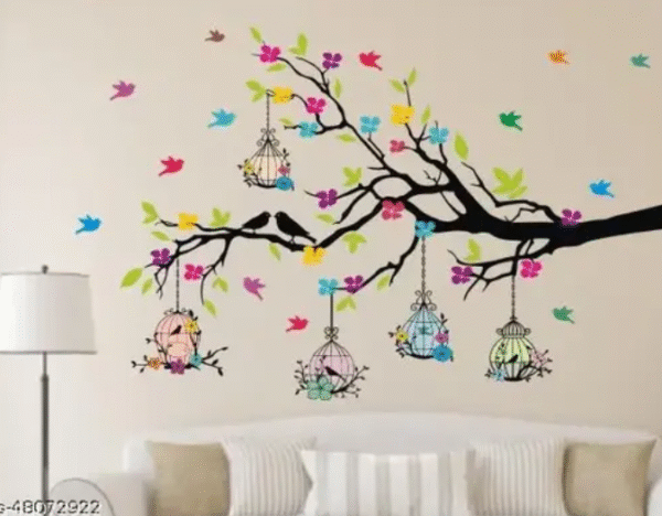 AMGHUB Wall Sticker – Tree Branches with Birdcage & Flowers | PVC Vinyl Wall Décor Sticker for Home | Ideal Size 100cm x 60cm | Multicolour