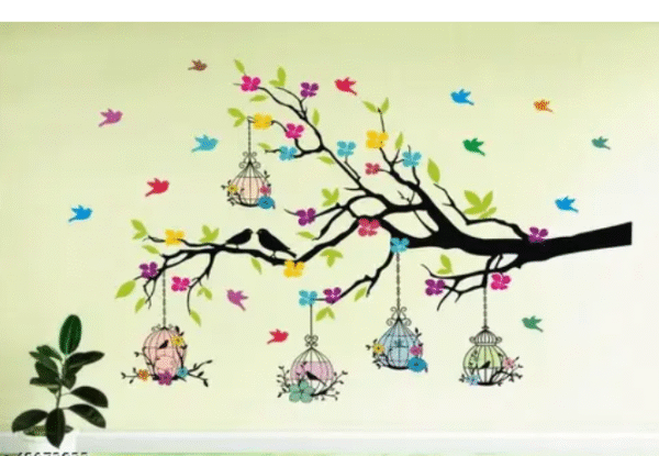 AMGHUB Wall Sticker – Tree Branches with Birdcage & Flowers | PVC Vinyl Wall Décor Sticker for Home | Ideal Size 100cm x 60cm | Multicolour
