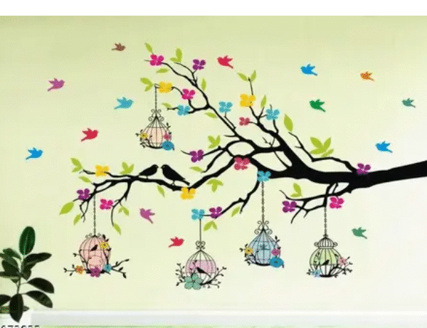 AMGHUB Wall Sticker – Tree Branches with Birdcage & Flowers | PVC Vinyl Wall Décor Sticker for Home | Ideal Size 100cm x 60cm | Multicolour