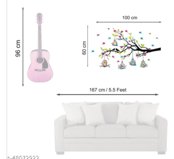 AMGHUB Wall Sticker – Tree Branches with Birdcage & Flowers | PVC Vinyl Wall Décor Sticker for Home | Ideal Size 100cm x 60cm | Multicolour