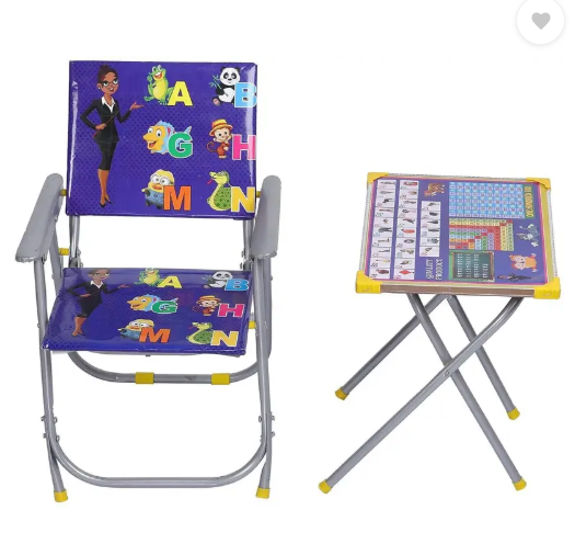 AMGHUB Pattern Printed Adjustable Foldable Study Table and Chair Set for Kids – Blue | Metal Frame | DIY Assembly