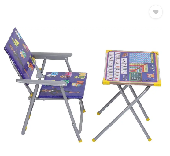 AMGHUB Pattern Printed Adjustable Foldable Study Table and Chair Set for Kids – Blue | Metal Frame | DIY Assembly