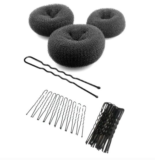 AMGHUB Hair Styling Set – 3 Donut Bun Makers & 30 U-Pins | Juda Maker, Updo Tool, Matte Black, Reusable