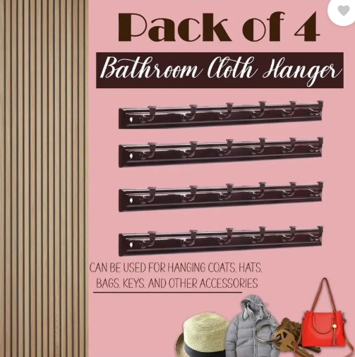 AMGHUB 6-Pin Bathroom Cloth Hanger Hook Rail – Pack of 4 | Wall/Door Mount, Steel Hooks, Brown