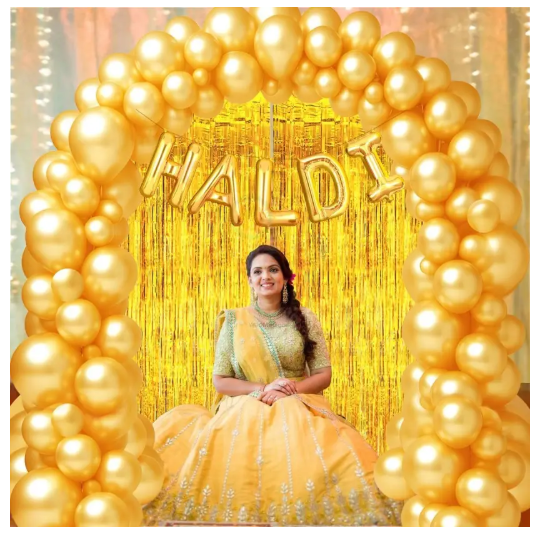 AMGHUB Haldi Bride To Be Decoration Combo – Pack of 57 | Golden Foil Letter Balloons, 50 Golden Latex Balloons & 2 Golden Curtains