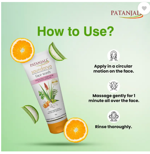 PATANJALI Saundarya Face Wash – 60g | Herbal Deep Cleanser for Glowing & Moisturized Skin
