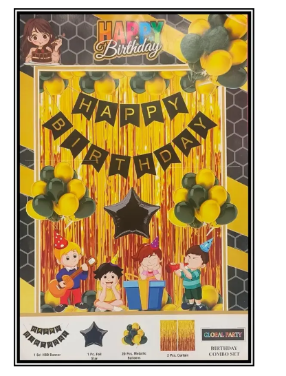 AMGHUB Solid Happy Birthday Decoration Kit Combo – Black & Gold | Banner, Foil Curtain, Metallic Balloons (Pack of 1)