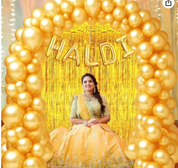 AMGHUB Haldi Bride To Be Golden Balloon Decoration Kit – Pack of 57 | Includes 16" Foil Letters, 50 Golden Balloons & 2 Golden Curtains | Haldi, Bachelorette & Bridal Shower Party Decor