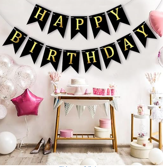 Amghub | Flyloons Happy Birthday Banner – 13 Pcs Black Cardstock Set with Ribbon