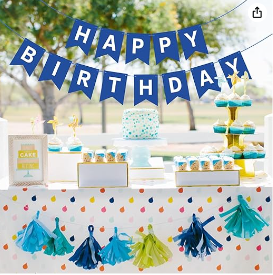 Amghub | Flyloons Happy Birthday Banner – 13 Pcs Blue Cardstock Set with Ribbon