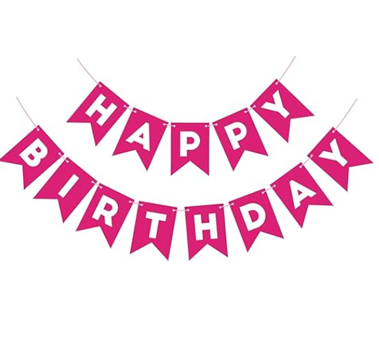 Amghub | Flyloons Happy Birthday Banner – 13 Pcs Pink Cardstock Set with Ribbon