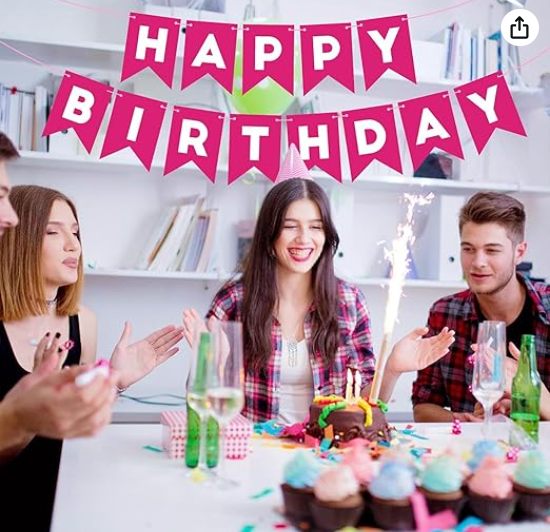 Amghub | Flyloons Happy Birthday Banner – 13 Pcs Pink Cardstock Set with Ribbon
