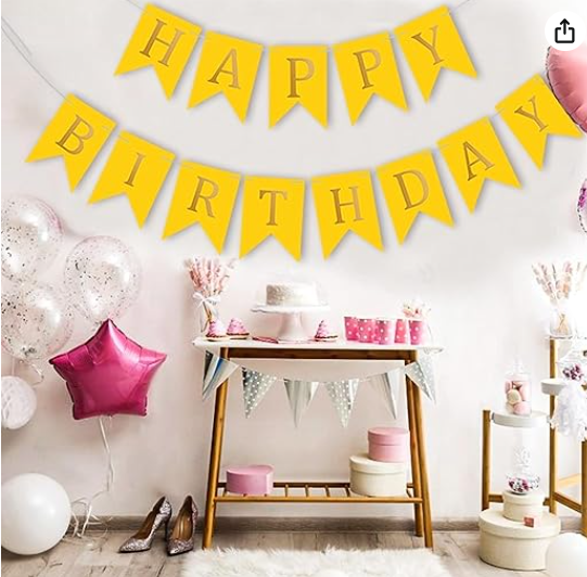 Amghub | Flyloons Happy Birthday Banner – 13 Pcs Yellow Cardstock Set with Ribbon