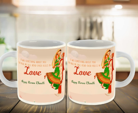 Karva Chauth Inspiration White Ceramic Coffee Mug with Coaster (D5)