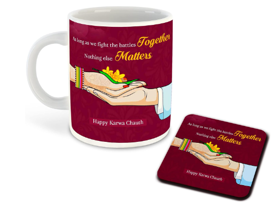 AMGHUB Karva Chauth Inspiration Printed White Ceramic Coffee Mug with Coaster – Karva Chauth | Gift for Wife | Best Gift