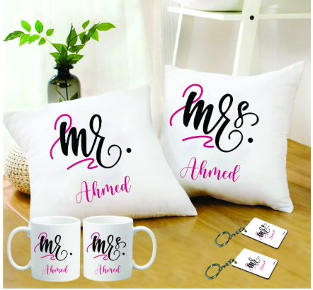 AMGHUB Personalized Couple Gift Combo – Cushions, Mugs & Keyrings with Surname “Mr & Mrs Ahmed”