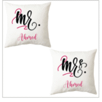 AMGHUB Personalized Couple Gift Combo – Cushions, Mugs & Keyrings with Surname “Mr & Mrs Ahmed”