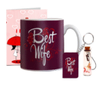AMGHUB Best Wife Gift Set – White Ceramic Mug, Wooden Keychain & Greeting Card