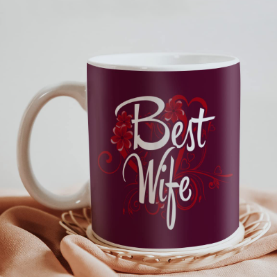 AMGHUB Best Wife Gift Set – White Ceramic Mug, Wooden Keychain & Greeting Card